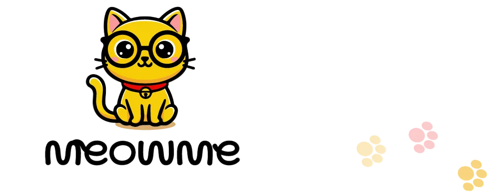 Cartoon cat with glasses and a red collar, accompanied by paw prints, on a white background.